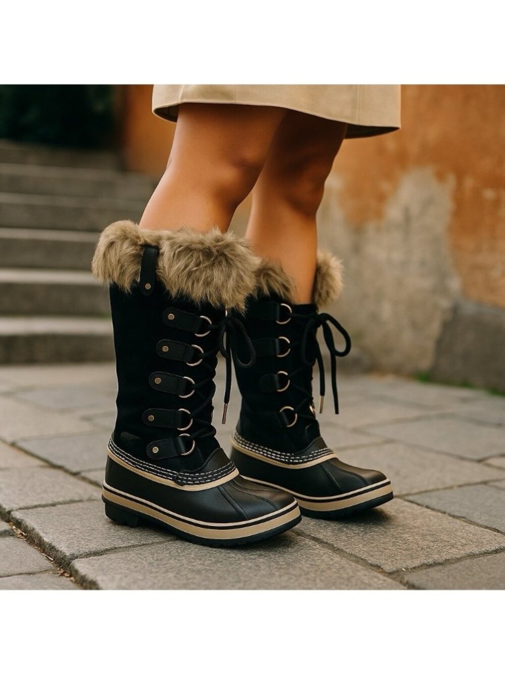 -Sorel Joan of Arc Snow Boots Womens Size 8 Black Waterproof Winter Faux Fur